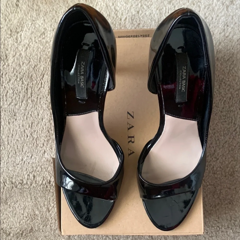 Zara Black Patent Leather Open-Toe Stiletto Heels